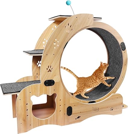 Rovibek Cat Exercise Wheel Indoor, 4 in 1 Cat Running for Indoor, Litter Fitness Wheels with Climbing Ladders and Bowls, Silent Roller, Solid Wood