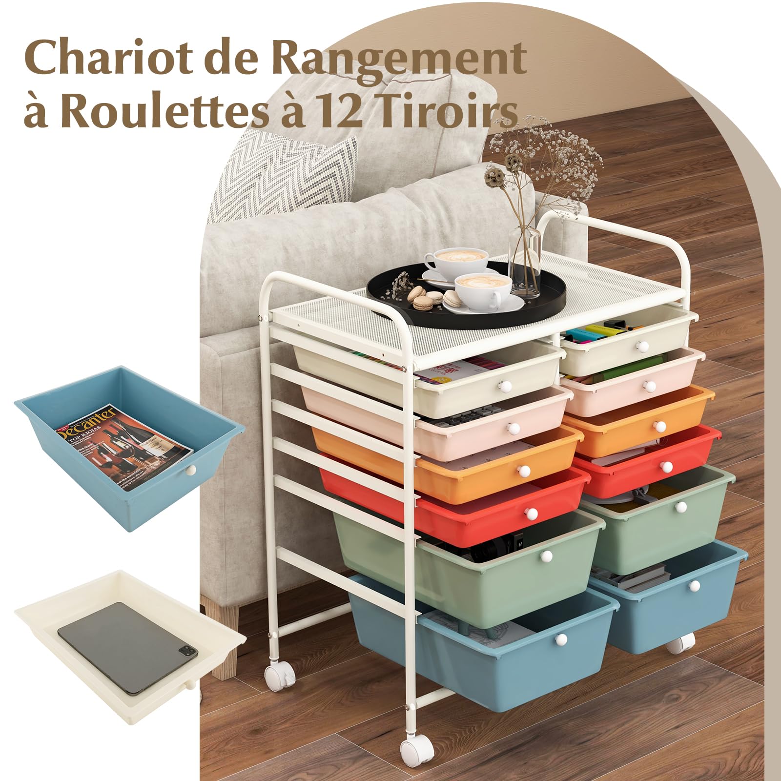 COSTWAY Chariot de Rangement à Roulette 12 Tiroirs en PP, Tour de Rangement avec Tablette, Cadre en Métal, Desserte Meuble Tiroir pour Cuisine Salle de Bain École, 64x38x75cm (Multicolor)