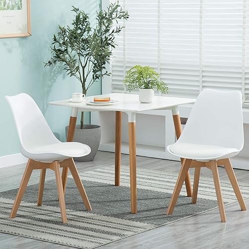 Miniatura 8 de LSSBOUGHT Sillas de comedor modernas de mediados de siglo, silla auxiliar de plástico con acolchado suave y patas de madera para comedor, sala de