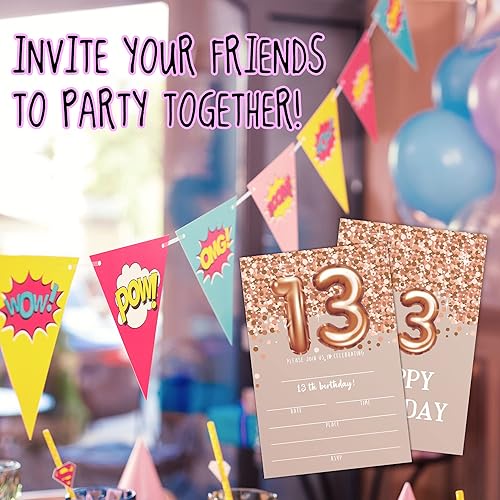Miniatura 4 de Tarjetas de invitación de cumpleaños número 13, invitaciones de fiesta de cumpleaños número 13 con purpurina de oro rosa, suministros de decoración