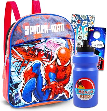 حقيبة ظهر صغيرة للأطفال من Spiderman School Bag - مجموعة من 4 قطع مع حقيبة ظهر Marvel Travel مقاس 11 بوصة للأولاد والبنات وزجاجة مياه وملصقات والمزيد من مستلزمات Spiderman School