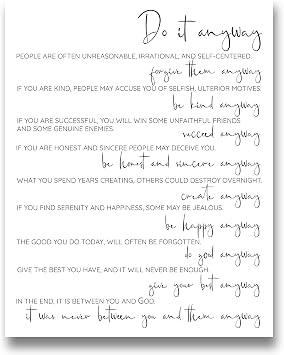 Do It Anyway Mother Teresa Wall Art | 11x14 UNFRAMED Black and White Quote Print | Inspirational, Typographic, Word Home Decor