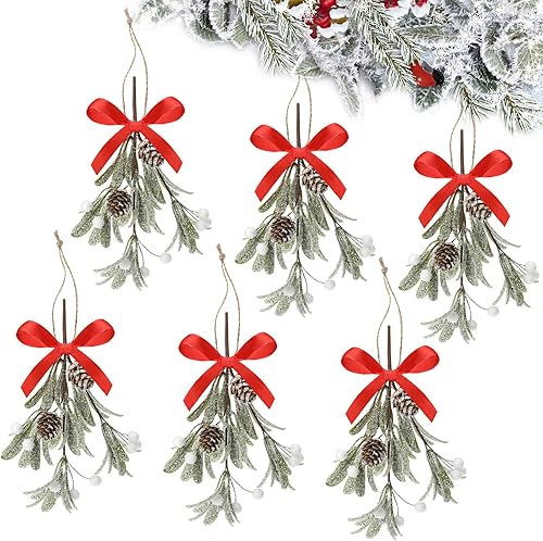 Miniatura 20 de Giegxin 1 pieza de adorno de muérdago artificial de Navidad con lazo rojo, decoración colgante de muérdago de Navidad, ramo floral, conos de pino