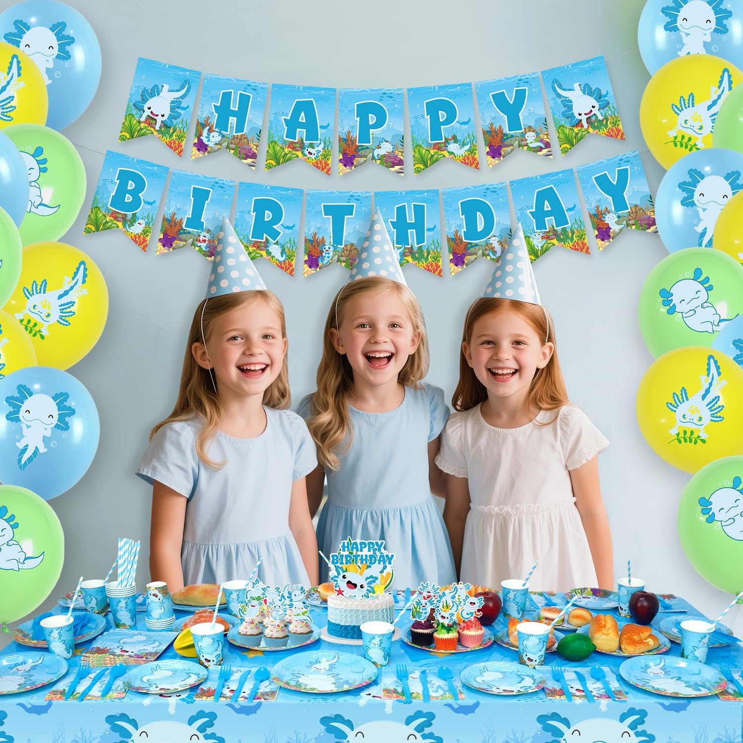 KEFAN Blue Axolotl Birthday Party Decorations, Axolotl Theme Party Tableware Supplies including HAPPY BIRTHDAY Banner, Plates, Cups, Napkins, Tablecloth, Balloons for Axolotl Birthday Party, Serves 20 - Image 7