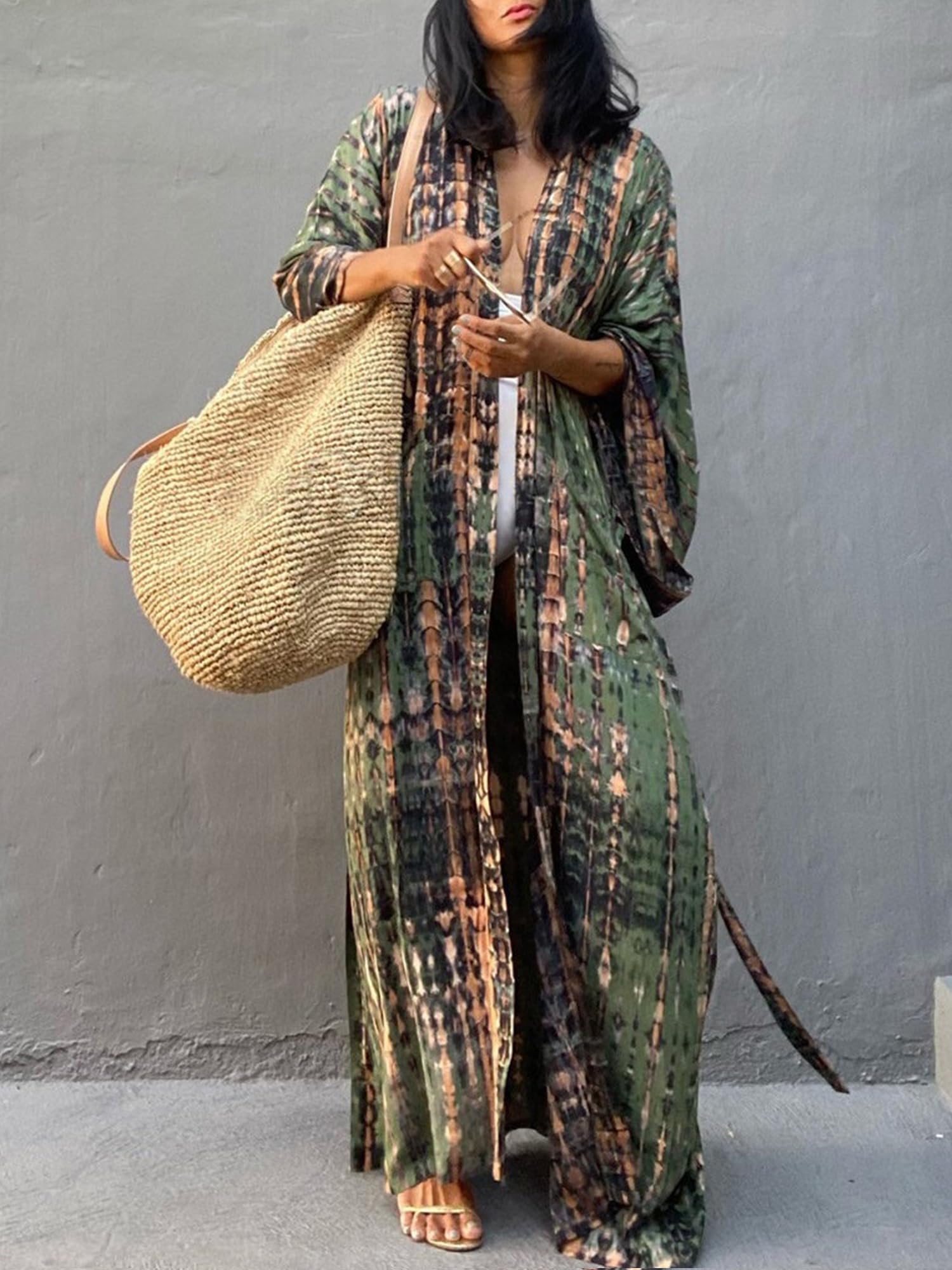 Moss Rose Cárdigan tipo kimono de verano para mujer, estilo caftán, abierto, para playa, vacaciones, con cinturón