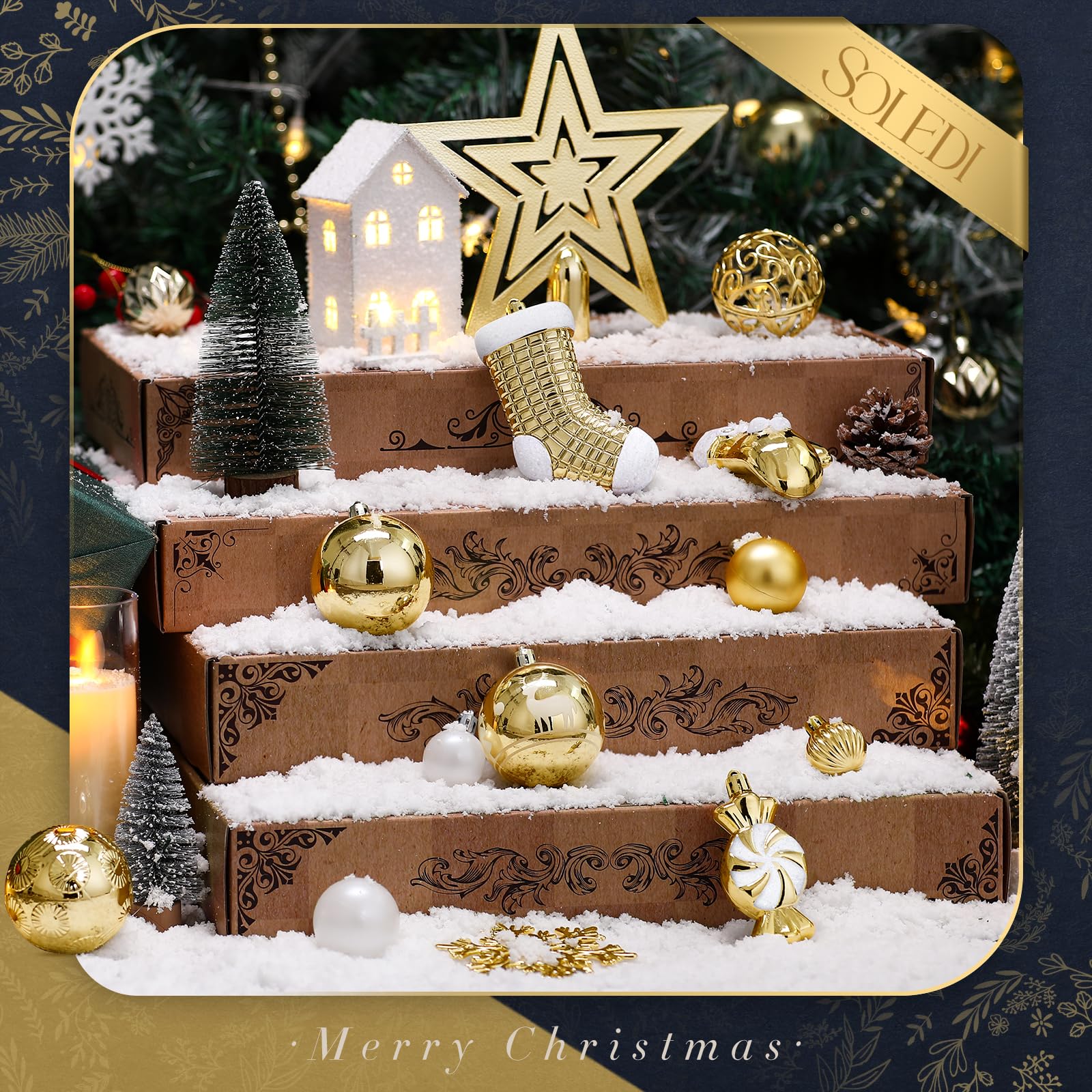 SOLEDI® 128er Set Premium Weihnachtskugeln Kunststoff Gold Weiß mit Baumspitze Stern - Robuste und Sichere Christbaumschmuck Set mit Aufhängen - Christbaumkugeln Bunt, Mehrweg Weihnachtsdeko