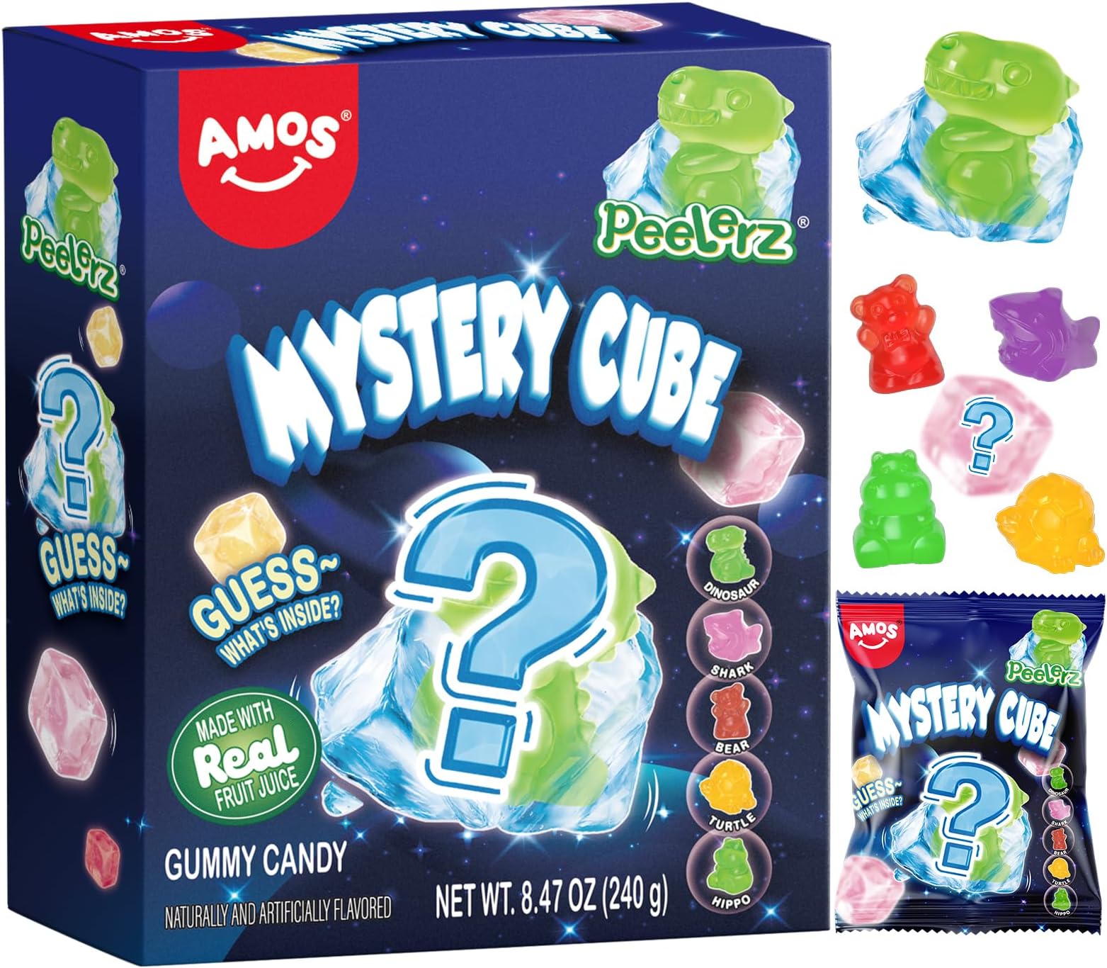 AMOS Peelerz Mystery Cube Peelable Gummy Candy 3D Peeling Candy 8.47oz Box with Approximately 10 Pouches Made with Real Fruit Juice