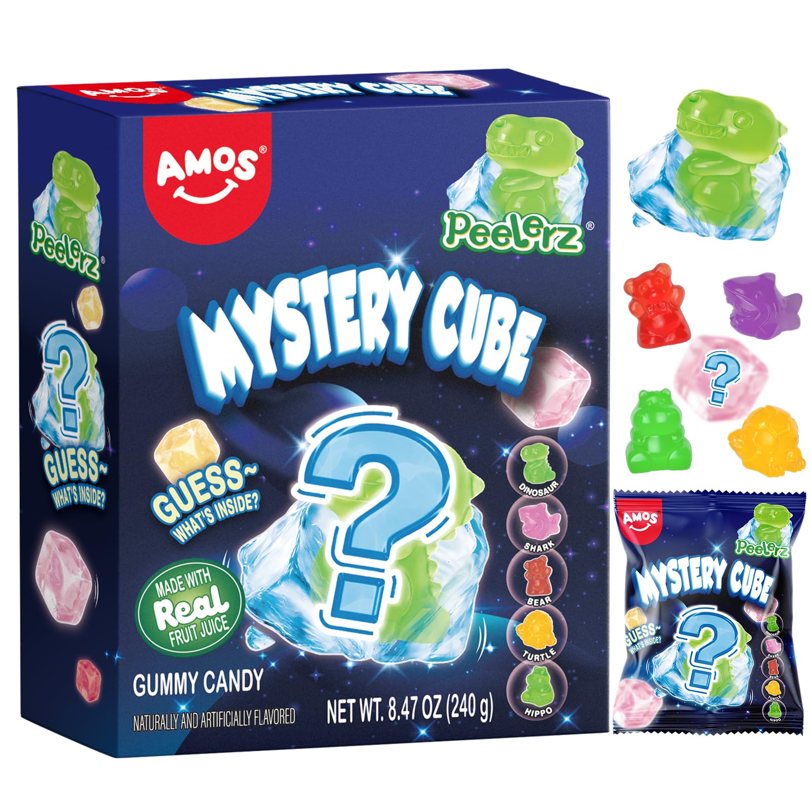 AmosPeelerz Mystery Cube Peelable Gummy Candy – 3D Peeling Candy – 8.47oz Box with Approximately 10 Pouches – Made with Real Fruit Juice