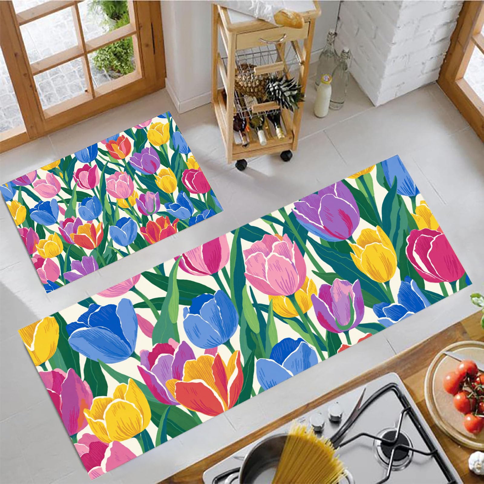 Alfombras de cocina lavables con diseño de tulipanes para un suelo cómodo y alegre