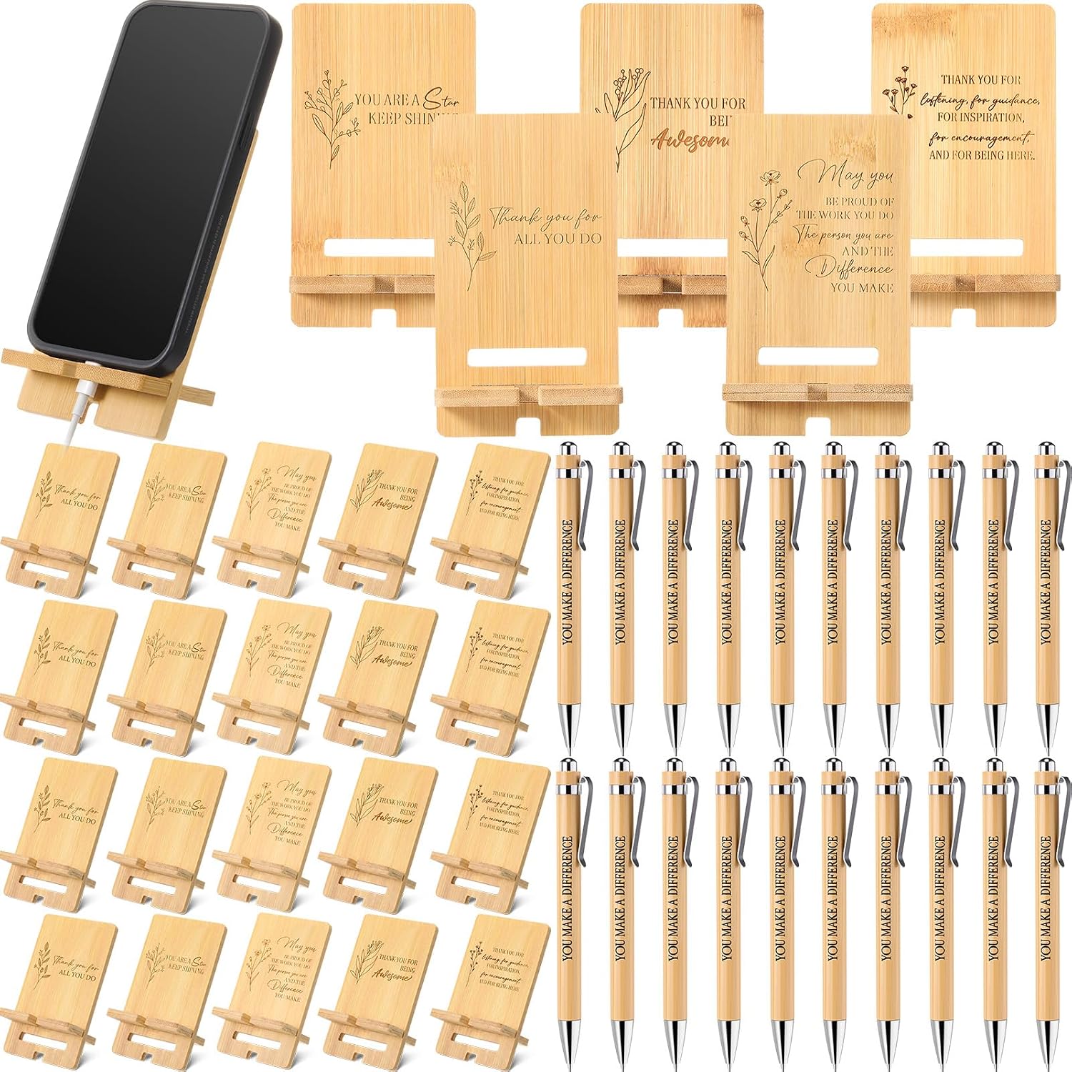 Ripeng 20 Sets Employee Appreciation Gifts Bulk Bamboo Phone Stands with Ballpoint Pens for Desk Office Workers Thank You Gift for Team Coworkers Staff Volunteer Teacher Colleagues (Assorted Style)