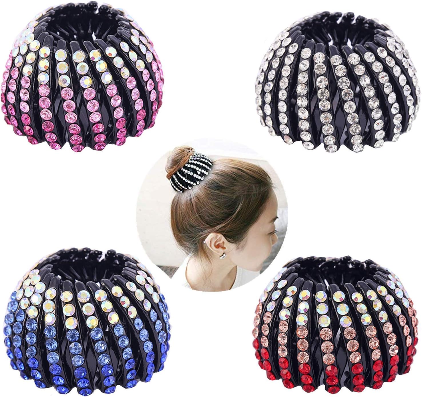 PHAETON 4Pack Ponytail Holder Hair Accessory Expandable Rhinestone Bird Nest Hair Clip For women Girls