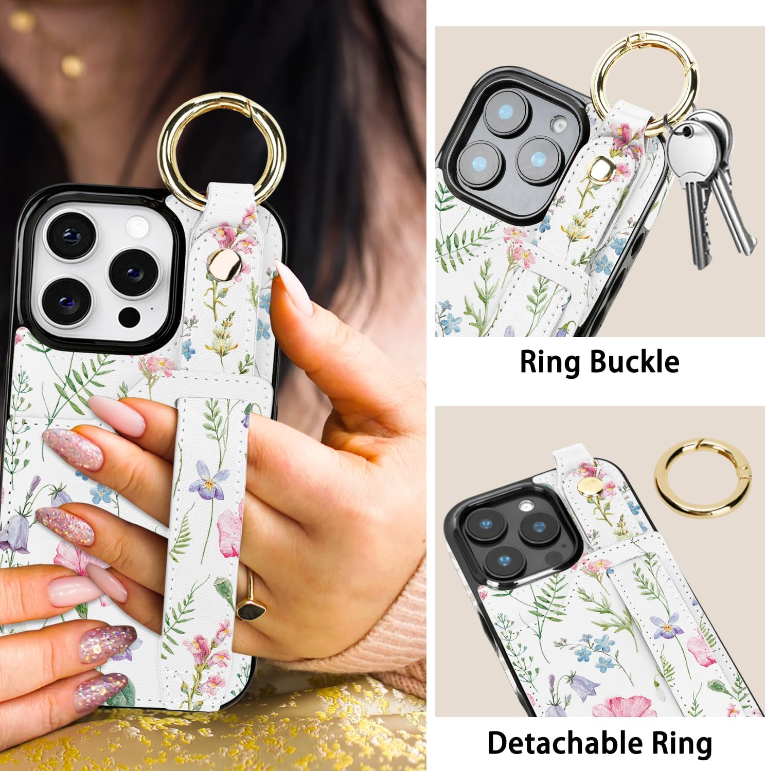 uCOLOR for iPhone 16 Pro Case with Card Holder Key Ring for Women Girls Cute Design with Leather Wallet Credit Holder Cardholder Strap Stand for Apple 16 Pro (Pink Flowers) - Image 4