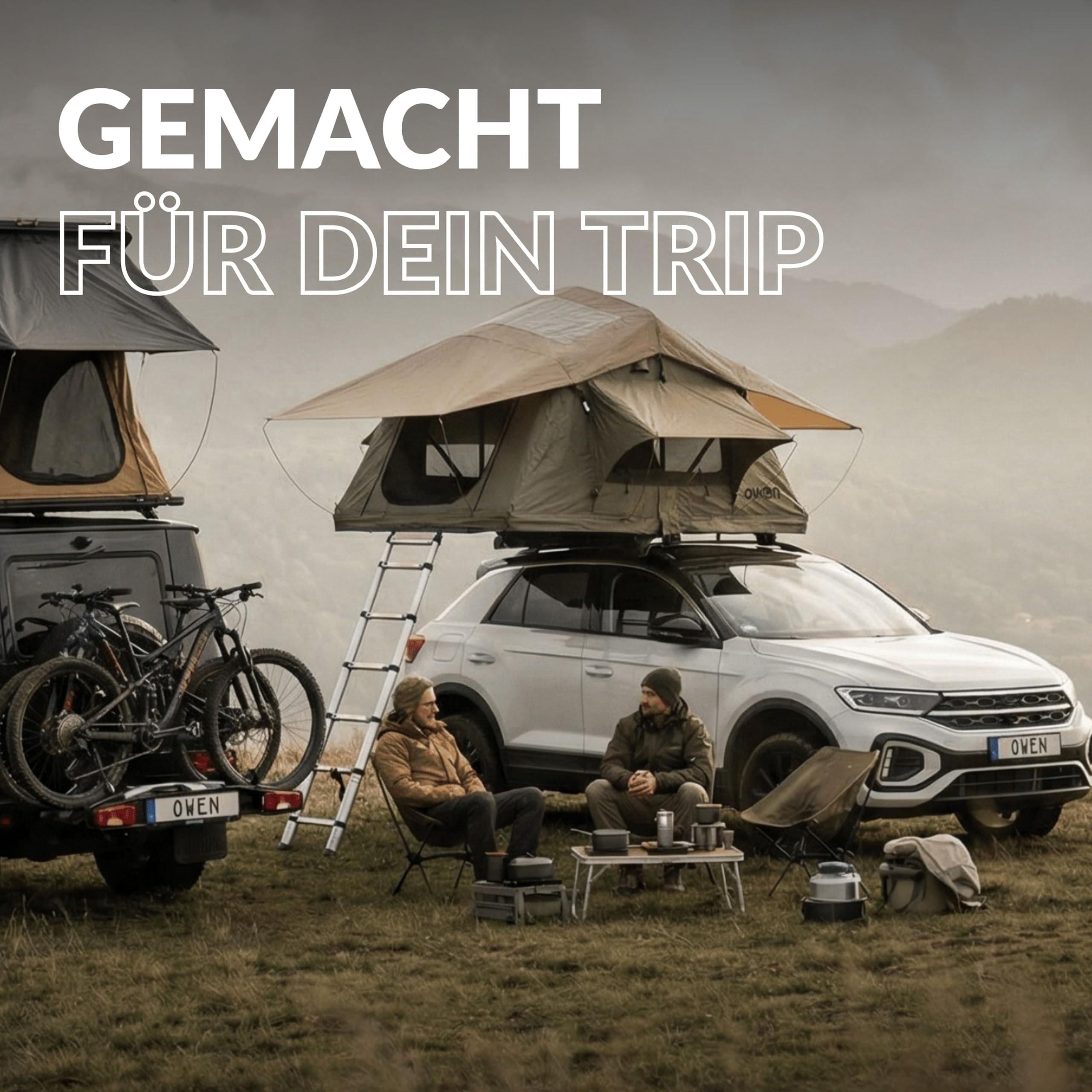Owen Dachzelt Two Olivgrün | Autodachzelt für 2 Personen + 1 Kind | 140 x 240 cm Liegefläche | Wetterfest & robust | Inkl. Matratze & Leiter | Mit oder ohne Vorzelt