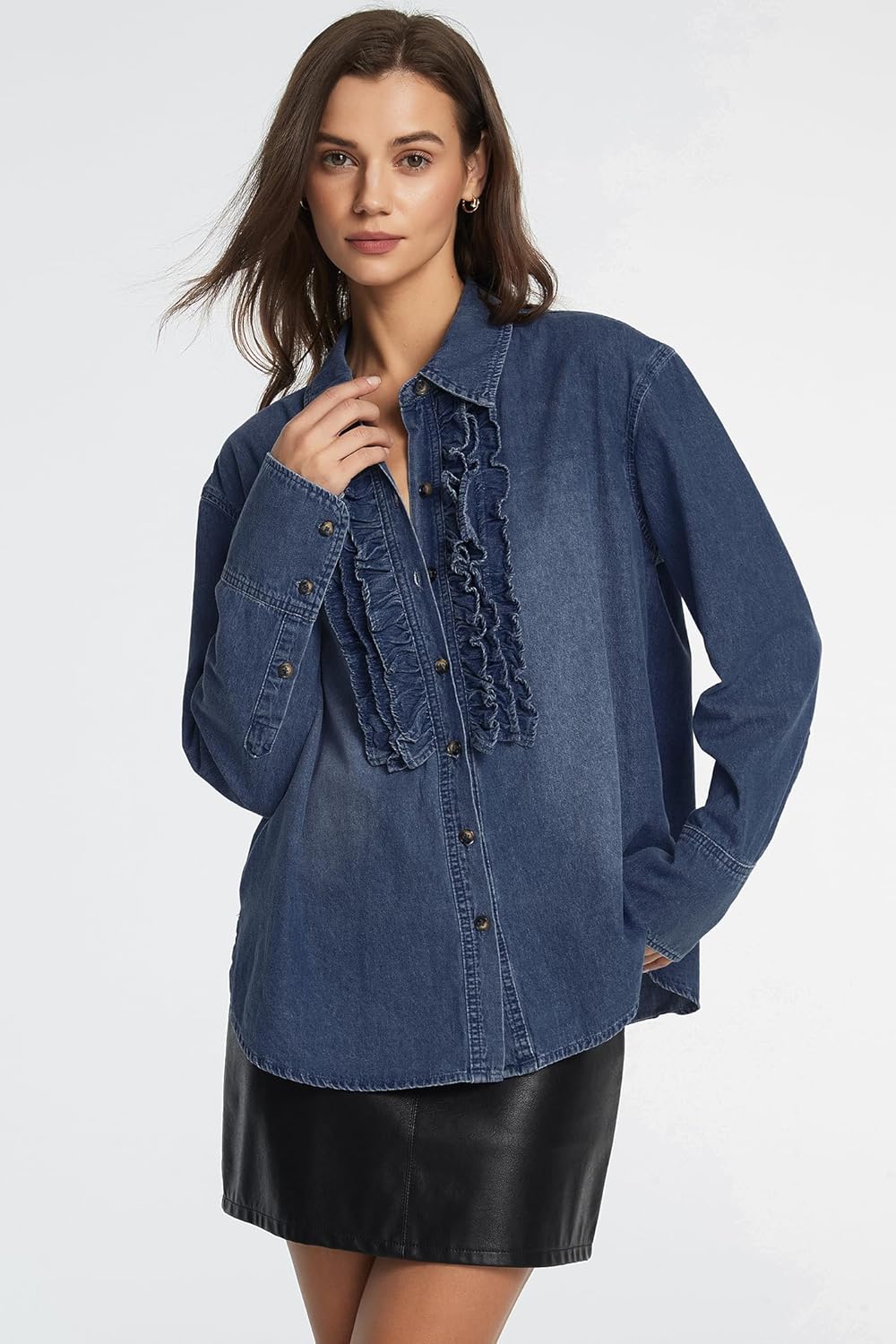 D-Sun Women Button Down Denim Shirt Long Sleeve V-Neck Ruffled Denim Blouse Casual Fashion Collared Jean Jacket Top - Image 5