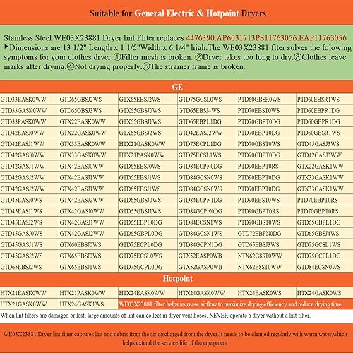 Miniatura 7 de GTD42EASJ2WW WE03X23881 Pantalla de filtro de pelusa para secadora GE Hotpoint Dryer WE03X23881 Pantalla de pelusa para secadora de acero