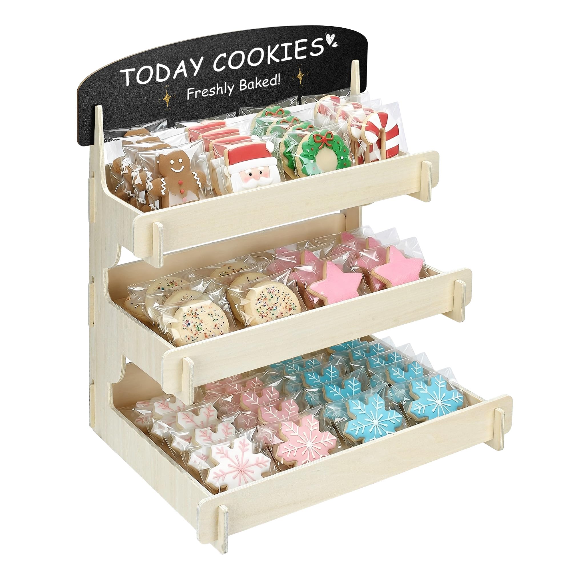 Espositore per biscotti in legno con lavagna per banchetti di mercato, fiere artigianali ed eventi, espositore per biscotti a 3 livelli per panettieri e venditori per mostrare cupcake