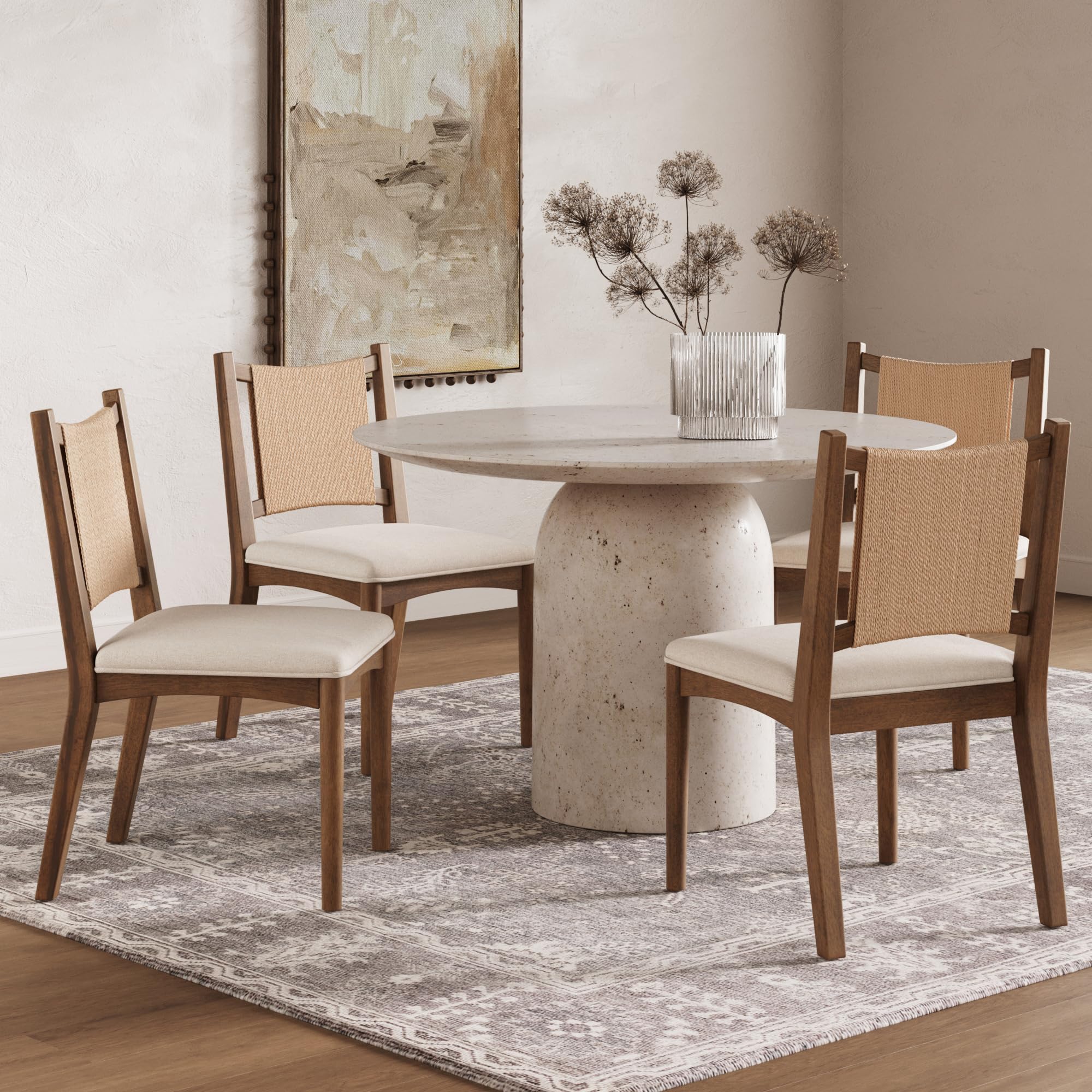 Nathan James Elodia Upholstered Dining Chair, Seagrass Back and Padded Seat, Dark Brown Set of 4