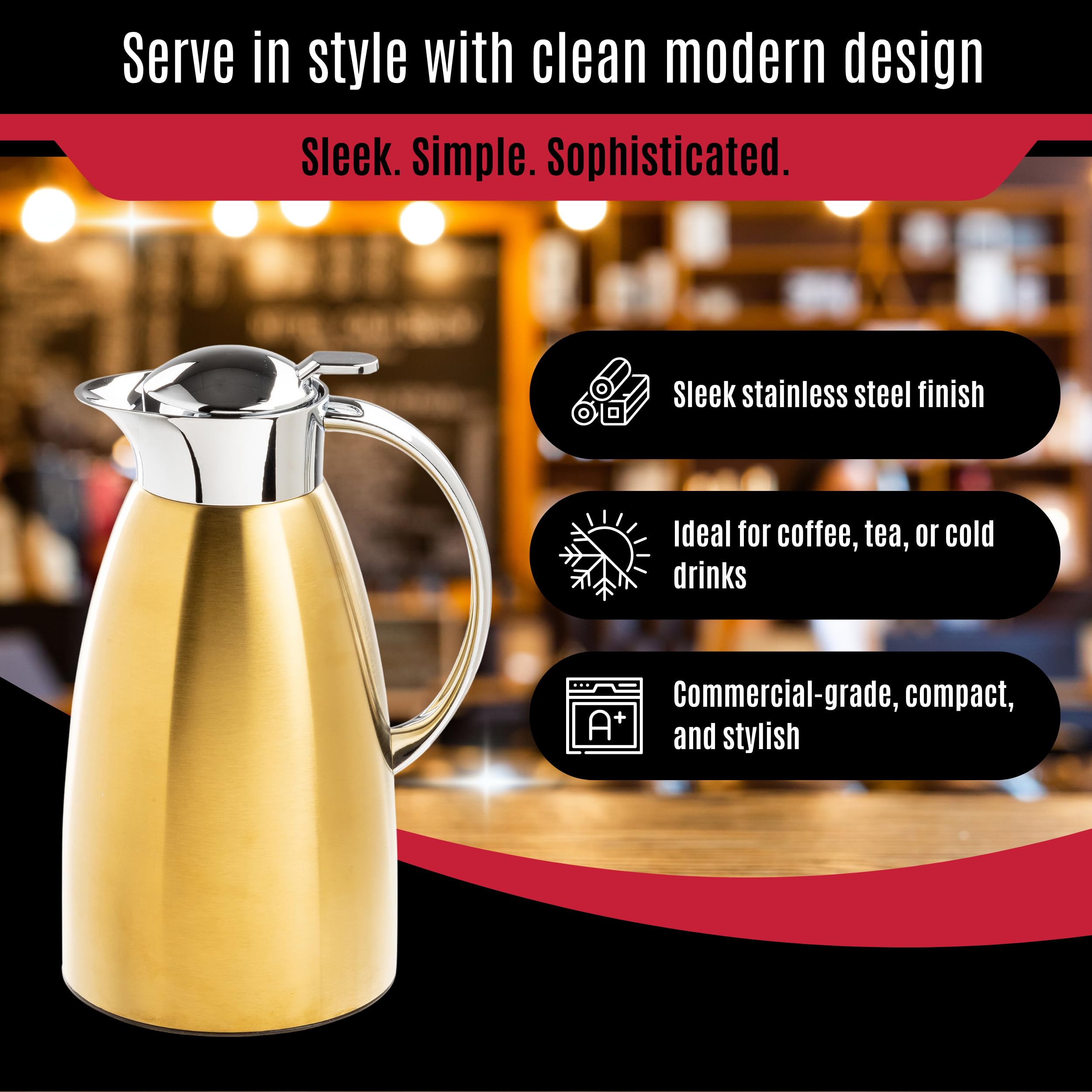 TableCraft 12679 - Jarra de café de acero inoxidable cepillado con acabado PVD dorado, aislado al vacío, dispensador de café ligero a prueba de fugas, para cafeterías, restaurantes y catering