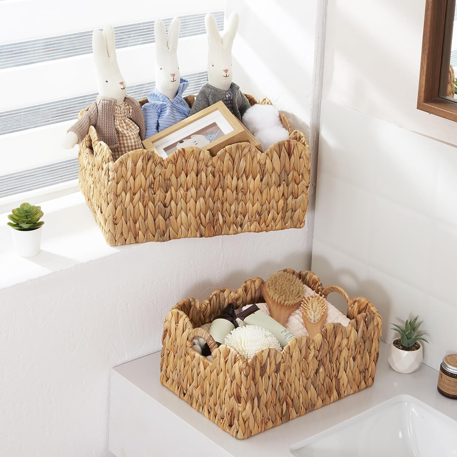 FairyHaus Wicker Basket 2Pack, Handwoven Scalloped Wicker Storage Basket with Handles, Natural Water Hyacinth Woven Bakests for Storage, Large and Small Rectangle Basket, 15 x 11 x 7" & 13 x 9 x 6.5"