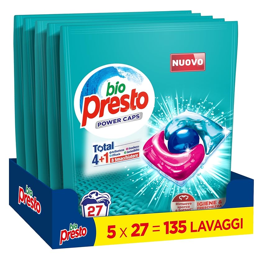 Bio Presto Power Caps Igiene & Freschezza, Detersivo Lavatrice Predosato In Capsule, Rimuove sporco e batteri, Confezione Da 135 Lavaggi