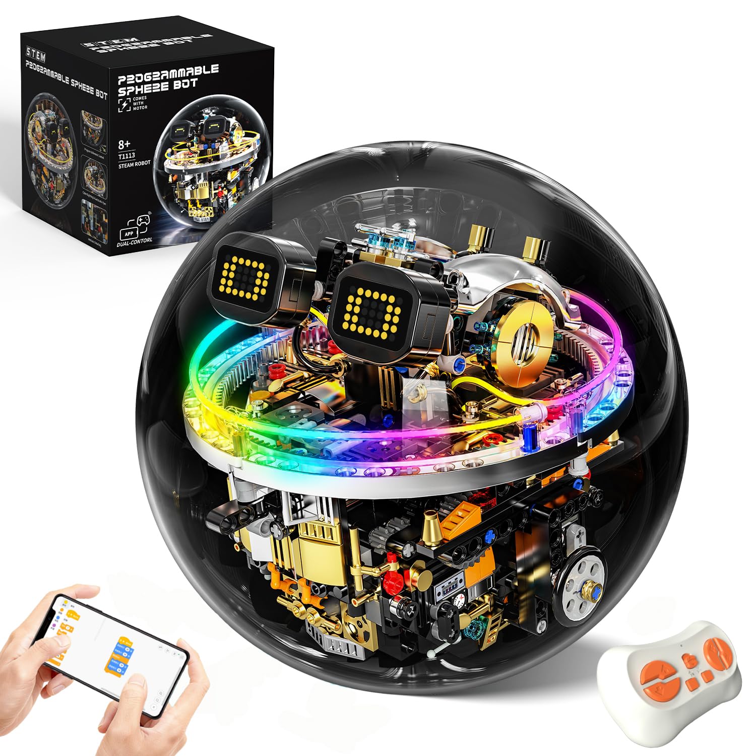Robot de ingeniería infantil, 804 piezas RC bloques de sujeción robot, robot RC con luces Cyberpunk y caras de ojos LED, tecnología de mecanismo de rodillo programable, juguetes técnicos a partir de 8