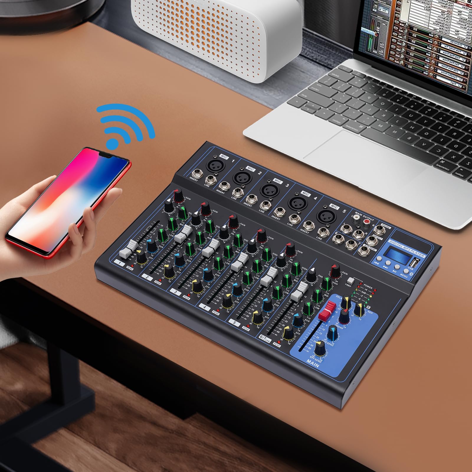 7-kanałowy mikser DJ, profesjonalny mikser audio, konsola USB, wzmacniacz, Live Studio, Bluetooth, do nagrywania scen DJ, karaoke, aplikacji muzycznych