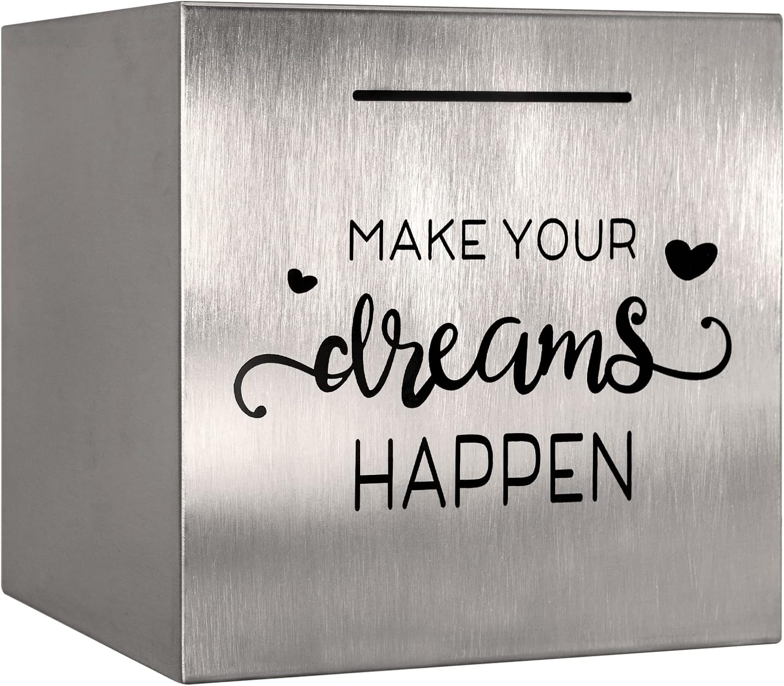 Piggy Bank Made of Stainless Steel, Piggy Banks for Adults Coin Bank,Can Only Save The Piggy Bank That Cannot be Taken Out (Make.Your.Dreams.Happen(4.72 inch-Silvery))