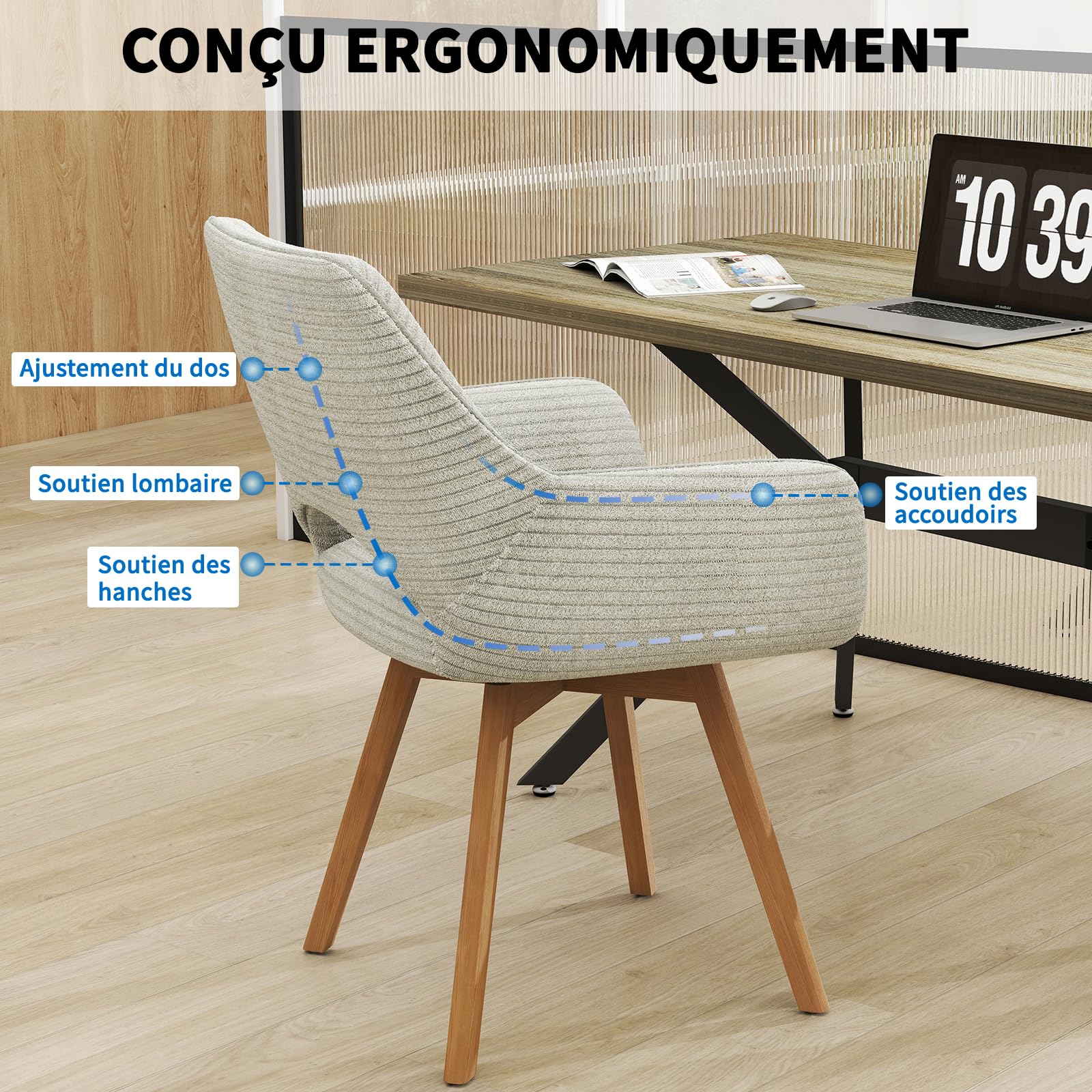 JIJIAN Lot de 2 Chaises de Salle à Manger Pivotantes à 360°, Beige | Chaises de Cuisine avec Pieds en Bois, Chaise Rembourrée Moderne en Velours Côtelé pour Salle à Manger, Cuisine et Salon