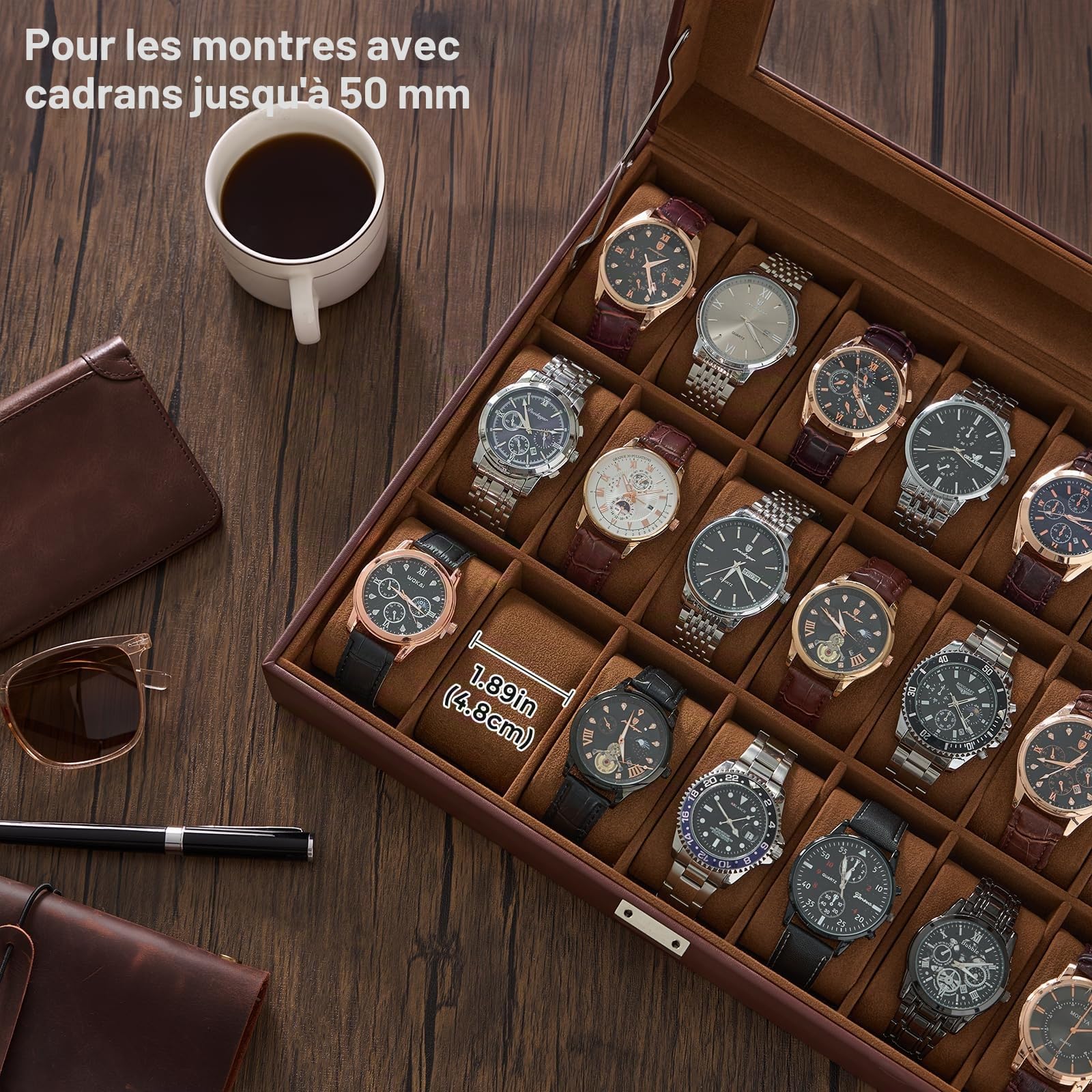 ProCase Boîte à Montres 21 Slots, Coffret Rangement Montres Grande Capacité, Couvercle Transparent Anti-Poussière, Protection et Présentation Élégante -Marron