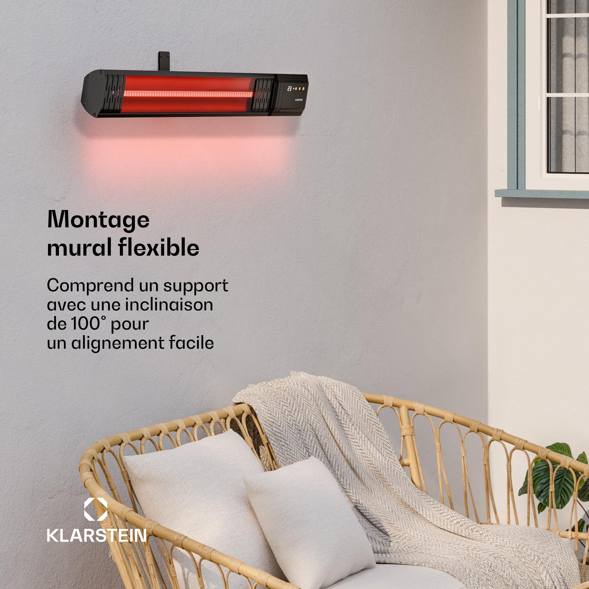 Klarstein Chauffage Infrarouge 2000W – Radiateur Mural IP65, 9 Niveaux, WiFi & Télécommande, Silencieux, Minuterie, Aluminium, Pour Extérieur 15m², Rayonnant Infrarouge