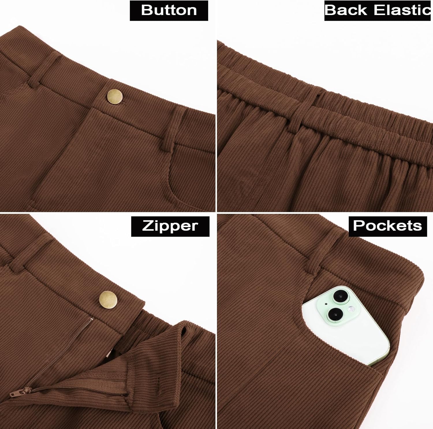 Belle Poque Women Corduroy Mini Skirt with Pockets Classic A-Line Fall Winter Basic Short Skirts - Image 8