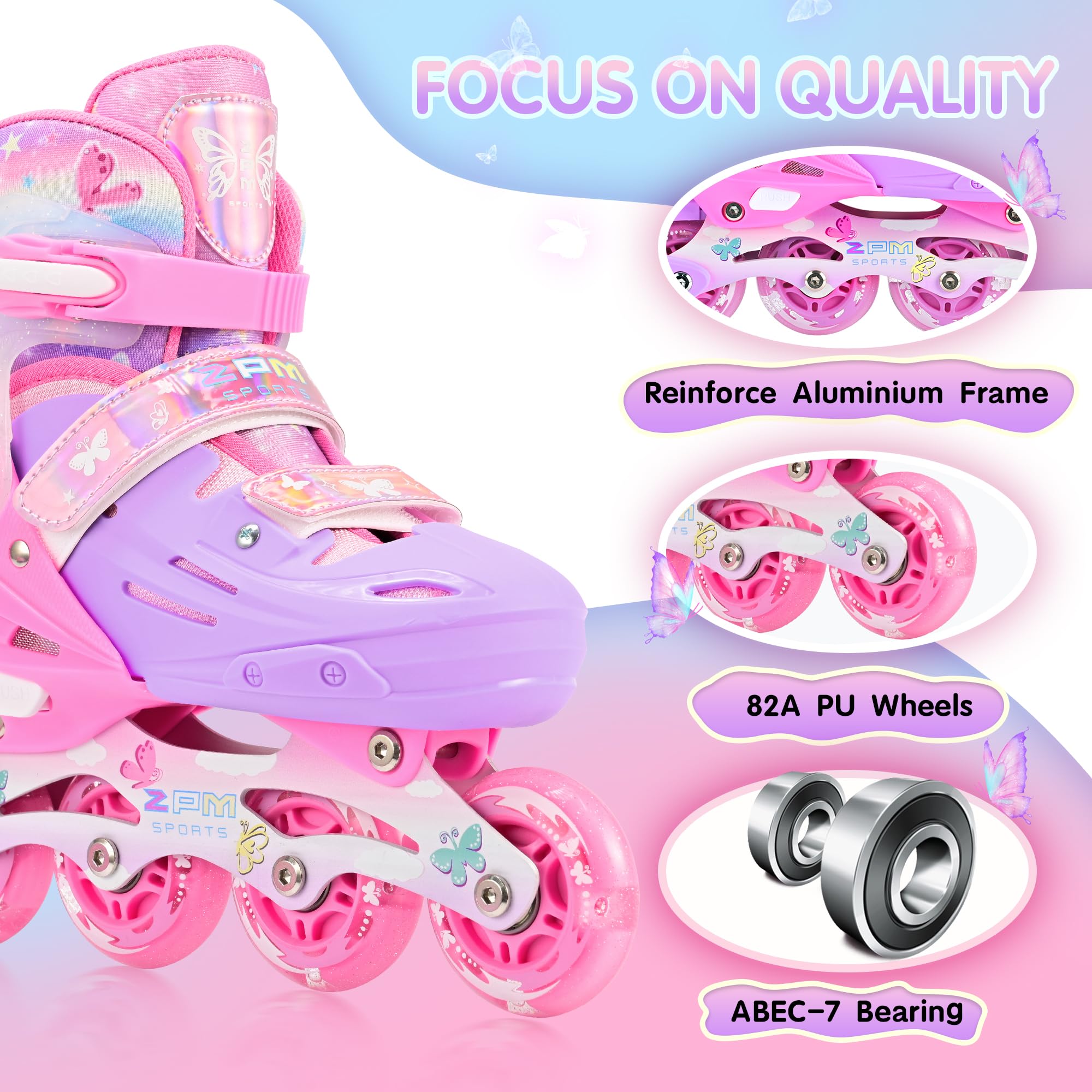 2PM SPORTS Patins à roulettes en Ligne pour Filles Enfants - Rose Bleu 4 Tailles réglables Intérieur Extérieur Débutants