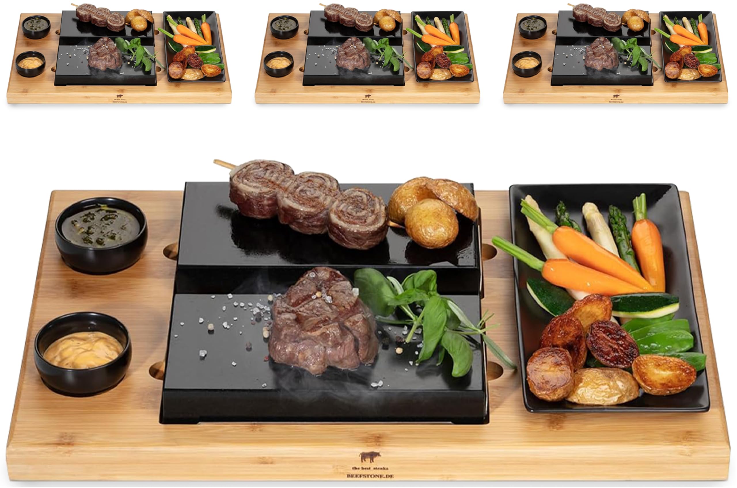 Due Hot Stone Steak Make, Lot de 4 planches à steak en pierre de lave avec plateau en bambou et assiette en porcelaine