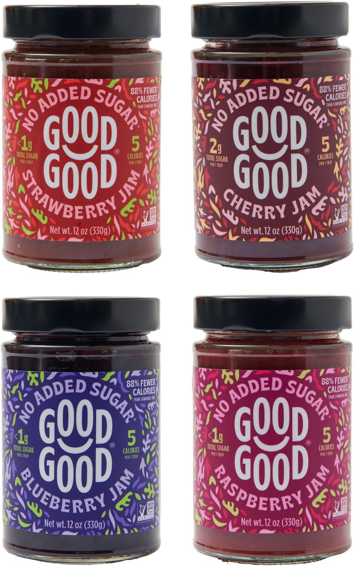 GOOD GOOD No Added Sugar Fruit Jam Variety Pack of 4 - Keto Friendly Jelly - Strawberry, Blueberry, Raspberry and Cherry Jam - Low Carb, Low-Calorie and Vegan - 12oz / 330g Jars