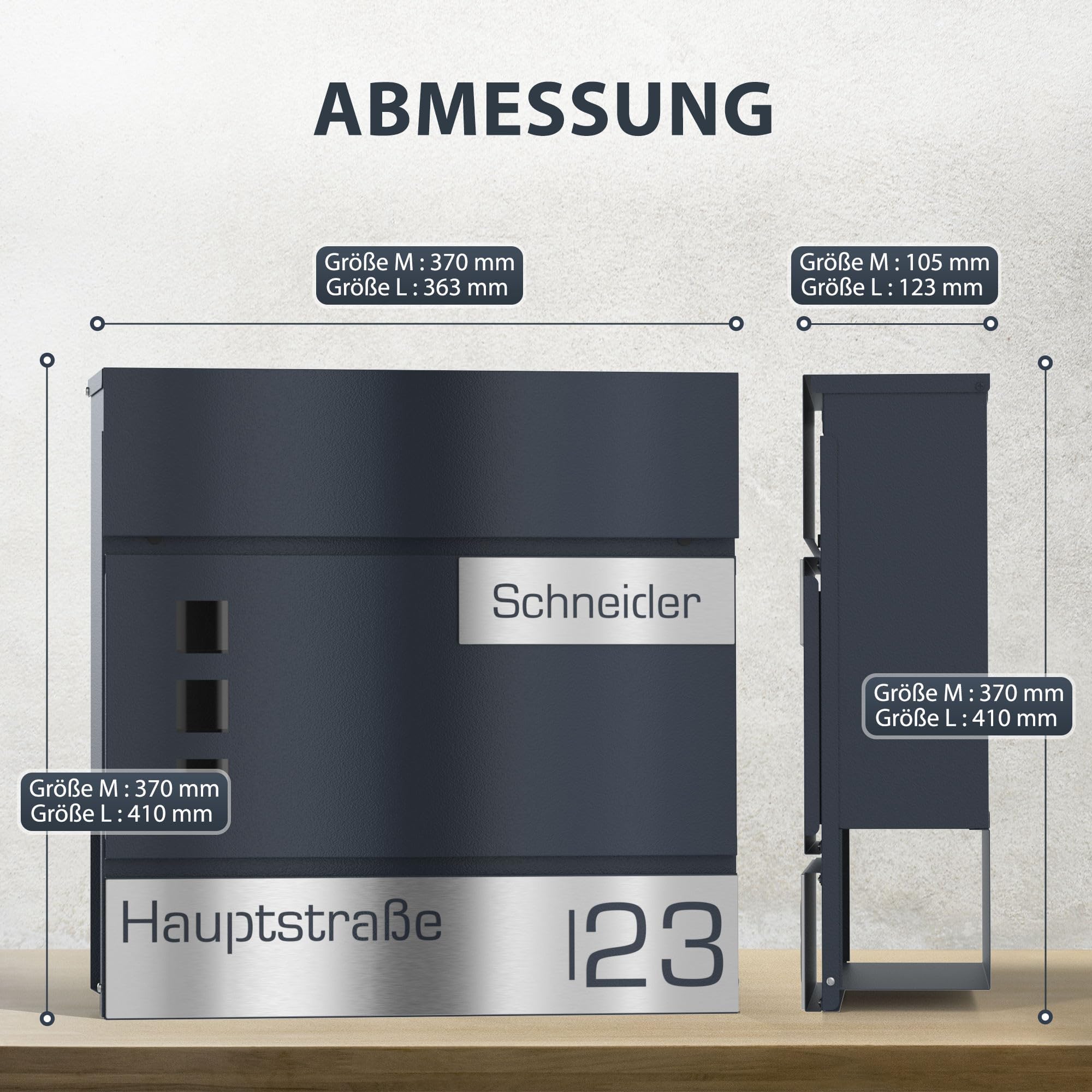 Buzón en antracita RAL 7016 con soporte, ventana de visión, personalizado, acero inoxidable, corte láser, grabado con candado y compartimento para periódicos