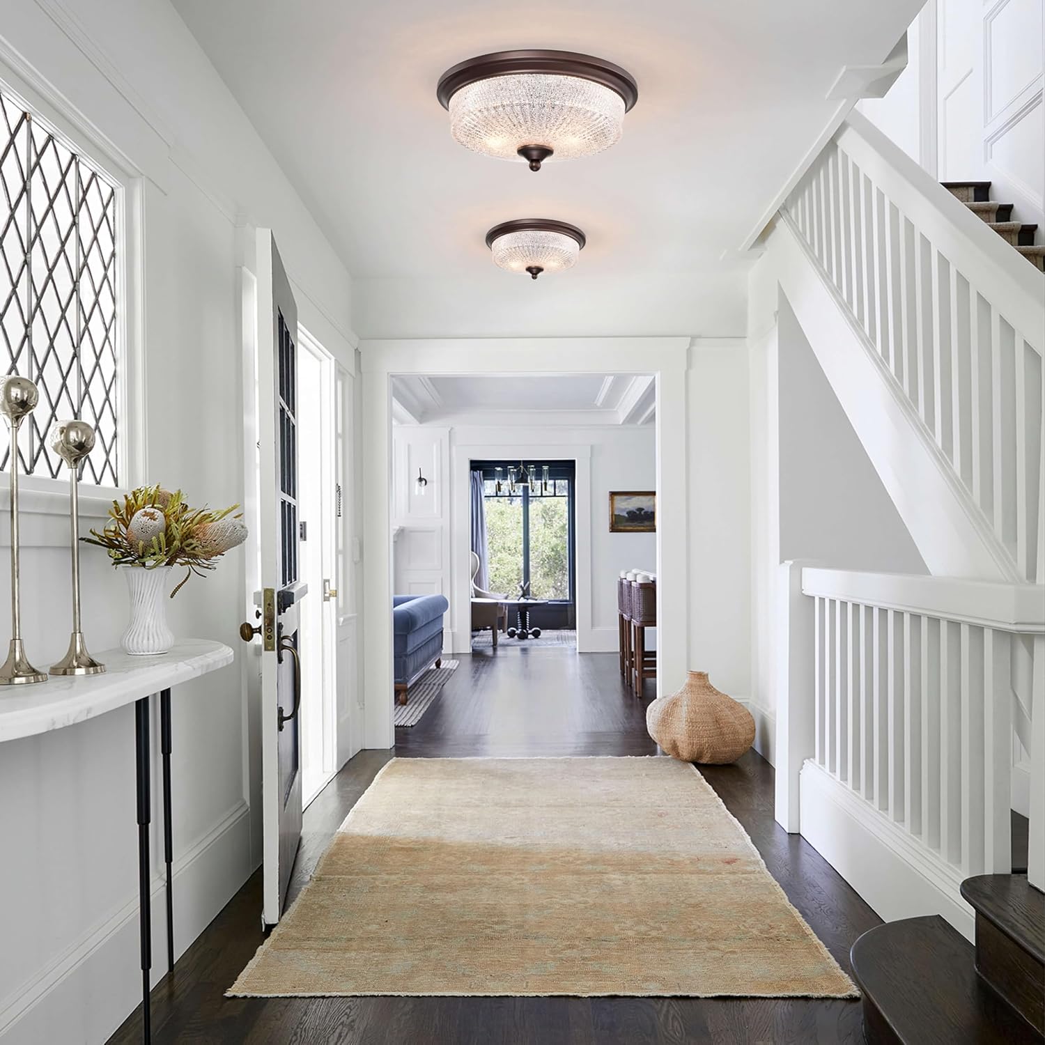 Farmhouse Flush Mount Ceiling Light Fixture with Crystal Sand and Glass Shade for Kitchen Hallway Entryway and Bedroom, 2 Lights Oil Rubbed Bronze Flush Mount Ceiling Light Fixture.