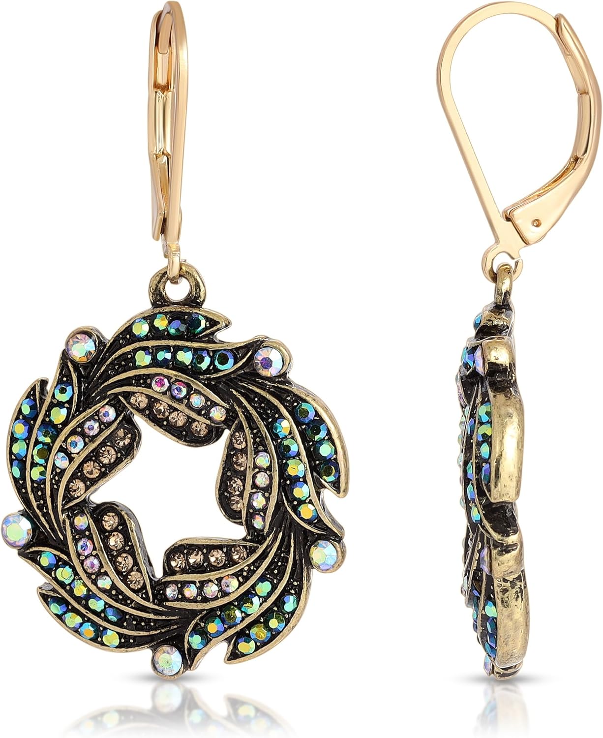 1928 Jewelry Peacock Plumage Art Nouveau Style Blue Iridescent AB Glass Wreath Drop Earrings