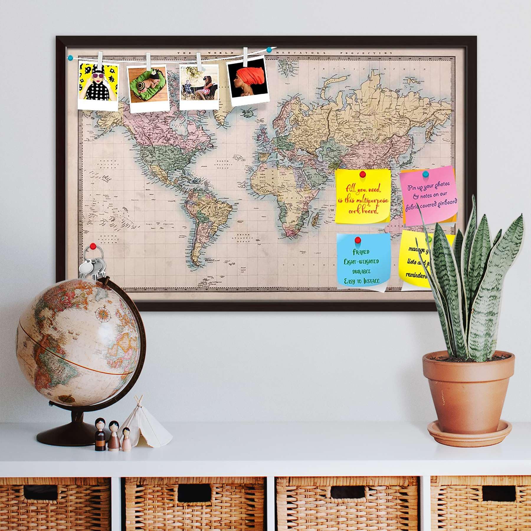 ArtzFolio World Map on Mercators Projection Circa 1860 Bulletin Board Notice Pin Board Vision Soft Board | Dark Brown Frame 24.6inch x 16inch (62.4cms x 40.6cms)