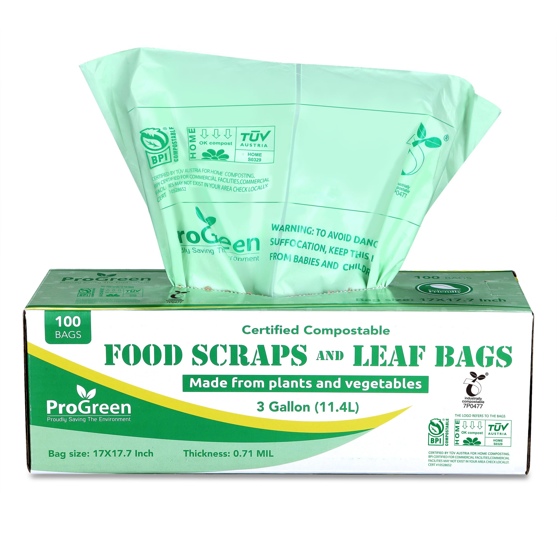 ProGreen 100% Compostable Bags 3 Gallon, Extra Thick 0.71 Mil, 100 Count, Small Kitchen Trash Bags, Food Scraps Yard Waste Bags, Biodegradable ASTM D6400 BPI and VINCOTTE Certified