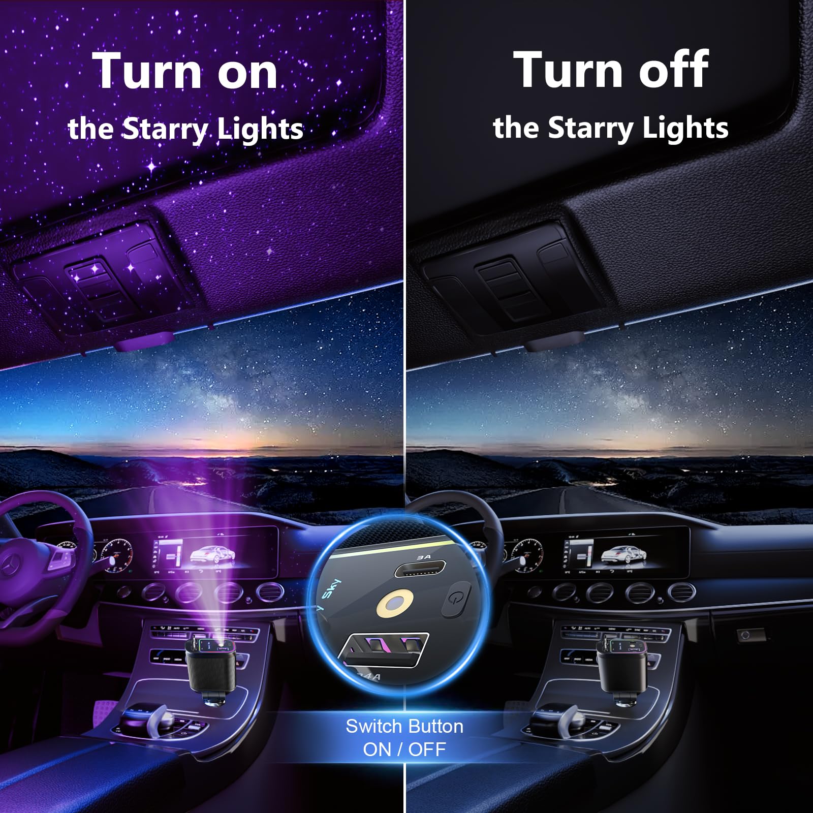 Starlight - Cargador retráctil para coche con cables dobles tipo C, 66 W, luz de estrella en el techo del coche, adaptador retráctil 4 en 1, cable USB C de carga rápida, compatible con iPhone 17/16/15