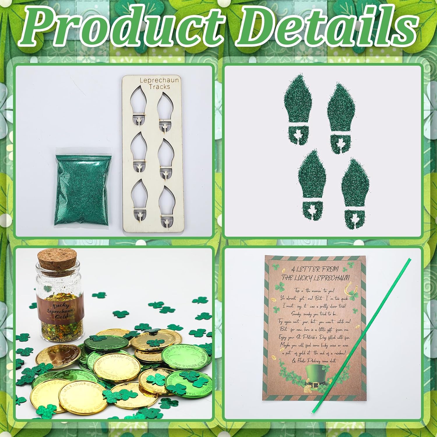 Seenelling St. Patrick's Day Leprechaun Trap Kit Include Leprechaun Tracks, Shamrock Coin, Green Ribbon, Letter Paper, Small Glass Bottle, Sequin and Glitter for St. Patrick's Day Party Decoration