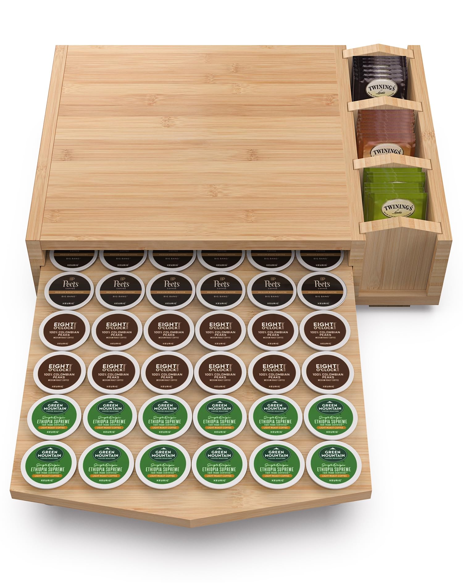 Premium Bamboo Coffee Pod Holder Organizer with 3 Compartments - Compatible with 35 Keurig K-Cup Pods - Tae Bags Storage (Natural)