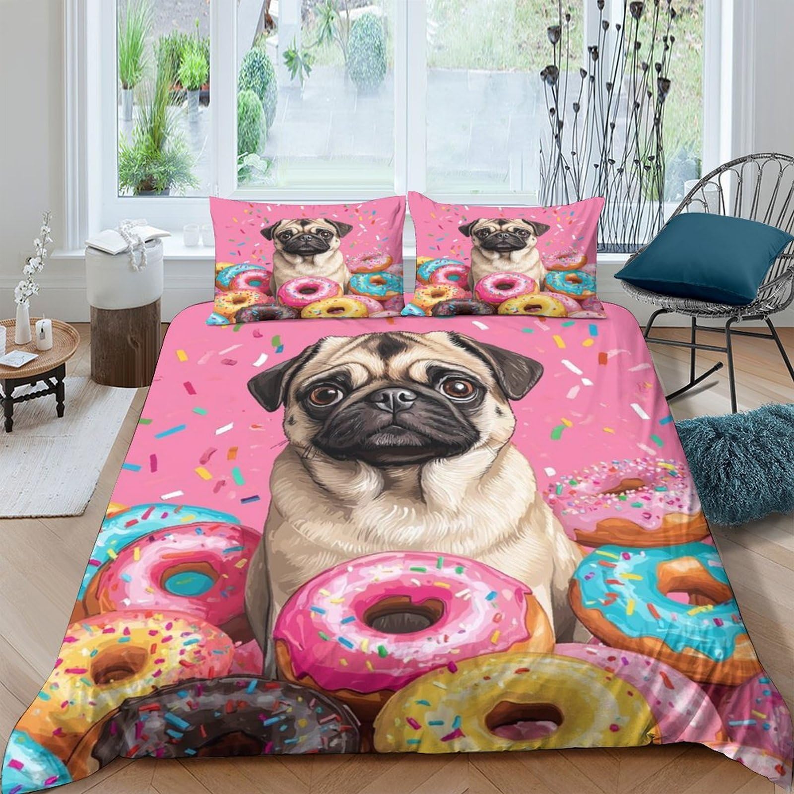 Ctjqhvkz Style-8 3D Printed Pug Dog Fitted Sheet Microfiber Soft Pink Donut Mattress Cover For Bedroom Guest Room Decor Easy Care Single（135X200cm）