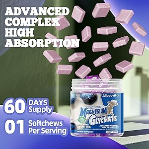 Magnesium Glycinate Soft Chews, Blueberry Flavor.Chewable Sugar Free Potassium Magnesium Chews with Magnesium Glycinate, Vitamin D, B6, and CoQ10 for Calm Support & Sleep for Adults, 60 Days Supply