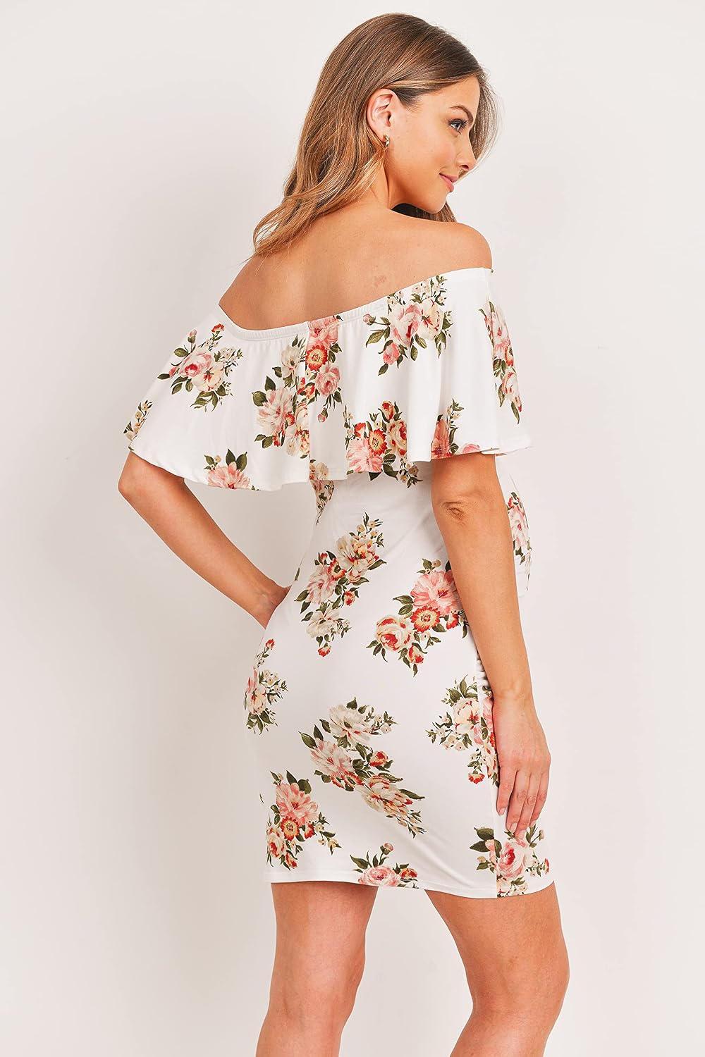 HELLO MIZ Women's Off Shoulder Maternity Fitted Ruffle Dress for Baby Shower (S-XL) (Cream Floral,Small)