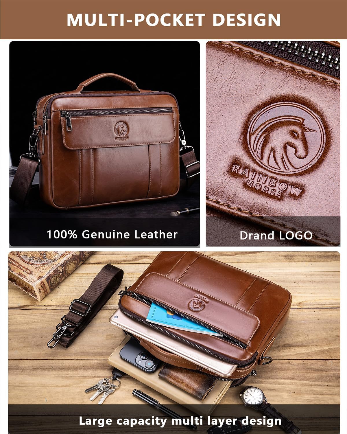 Men's Leather Crossbody Bag - Casual Messenger Shoulder Bag for Commuting, Large Capacity Laptop Briefcase with Multi-Pockets for Office
