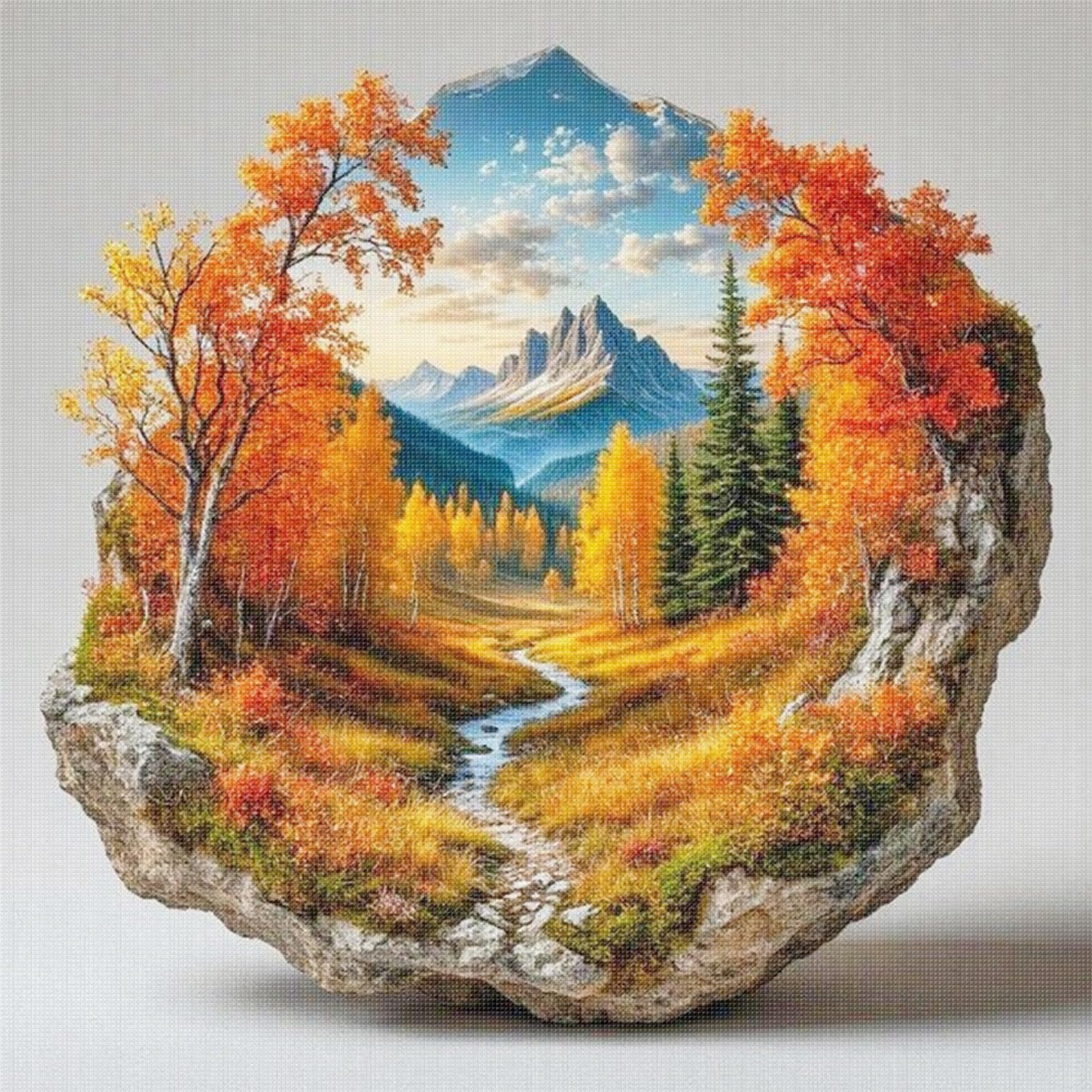 Autumn Rockscape Landscape Stamped Cross Stitch Kits For Beginners, Full 11Ct 3 Strands Diy
