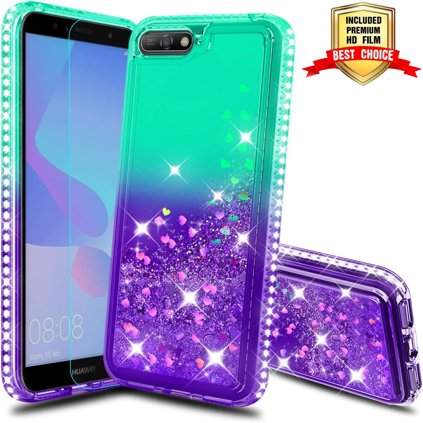 ATUMP Case for Huawei Y6 2018 Phone cases with Screen Protector, Girl 3D Glitter Liquid Cute Clear Transparent Silicone Gel TPU Shockproof Phone Cover Cases for Huawei Y6 2018 G/P