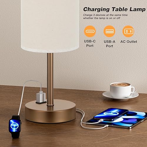 Vista 206 de Fenmzee Juego de lámparas de mesa pequeñas táctiles regulables de 2 a 3 vías, carga USB A + C, salida de CA, base de grano de madera, bombillas