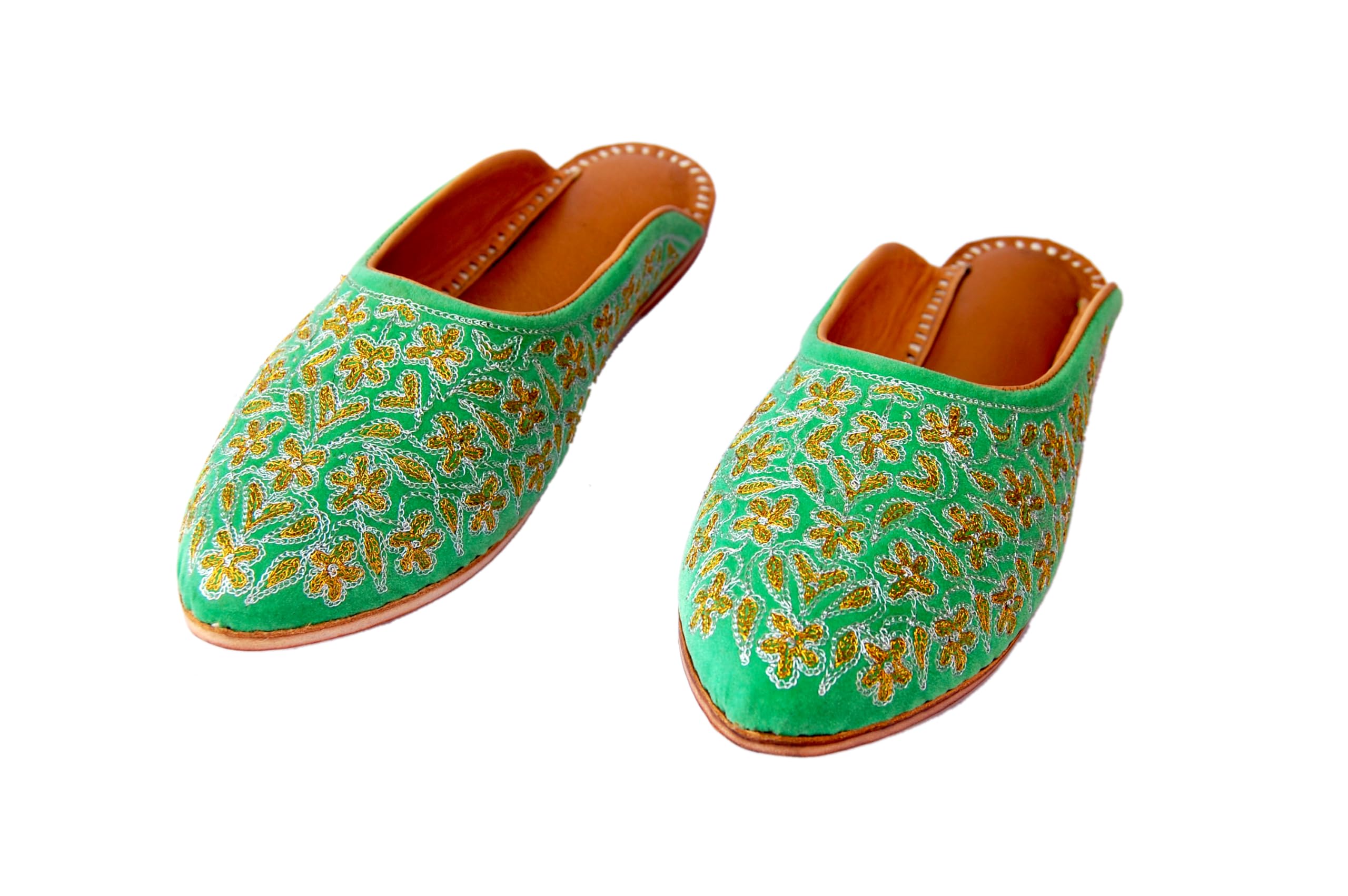Golden and Silver Zari Embroidered Mint Green Velvet Leather Flat Mules for Women-image-2